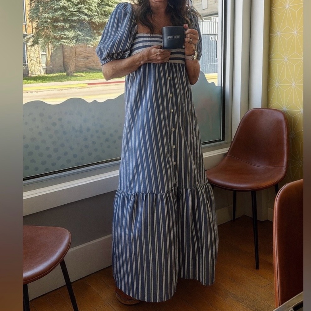 Emerson Fry x Love Tomas Striped Smocked Cotton Maxi Dress XS/S Puff Sleeve